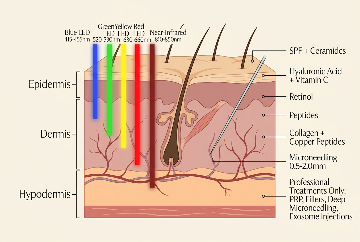 Cross-section diagram of skin layers showing where skincare ingredients penetrate — SPF and ceramides at the epidermis, hyaluronic acid and vitamin C in the upper epidermis, retinol and peptides in the dermis, collagen and copper peptides in the deep dermis